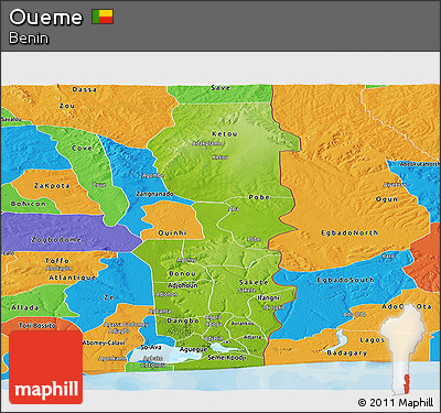 Physical Panoramic Map of Oueme, political outside