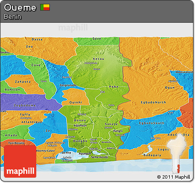 Physical Panoramic Map of Oueme, political outside