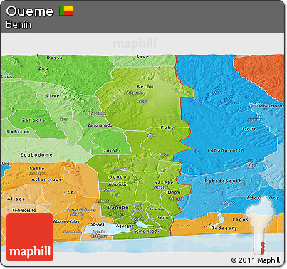 Physical Panoramic Map of Oueme, political shades outside
