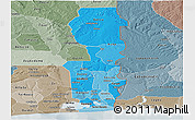 Political Shades Panoramic Map of Oueme, semi-desaturated