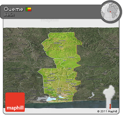 Satellite Panoramic Map of Oueme, darken, semi-desaturated