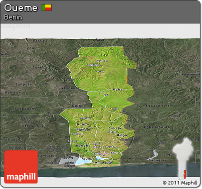 Satellite Panoramic Map of Oueme, darken, semi-desaturated