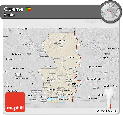 Shaded Relief Panoramic Map of Oueme, desaturated