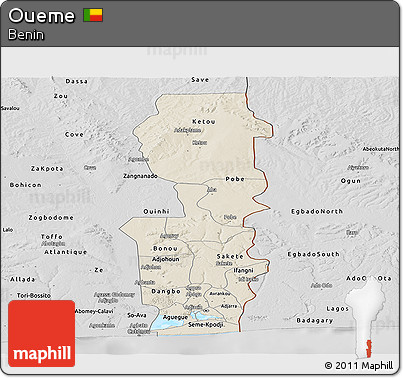 Shaded Relief Panoramic Map of Oueme, desaturated