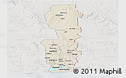 Shaded Relief Panoramic Map of Oueme, lighten, semi-desaturated