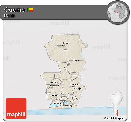 Shaded Relief Panoramic Map of Oueme, single color outside