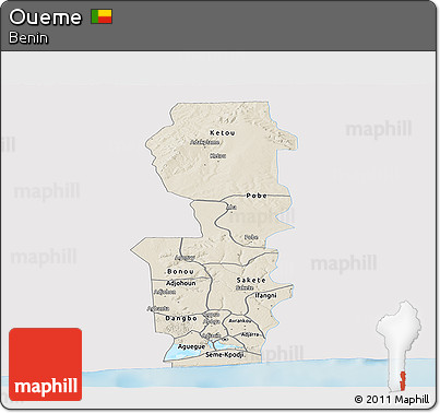 Shaded Relief Panoramic Map of Oueme, single color outside