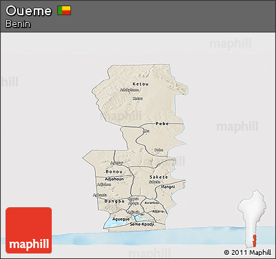 Shaded Relief Panoramic Map of Oueme, single color outside