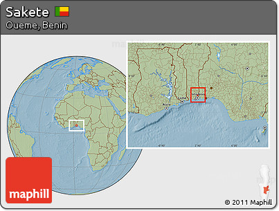 Savanna Style Location Map of Sakete, hill shading