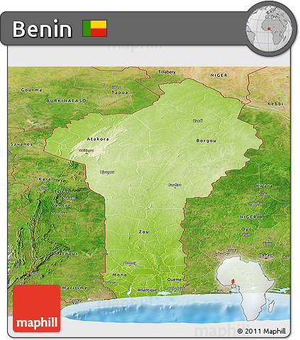 Physical Panoramic Map of Benin, satellite outside, shaded relief sea