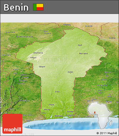 Physical Panoramic Map of Benin, satellite outside, shaded relief sea