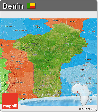 Satellite Panoramic Map of Benin, political shades outside