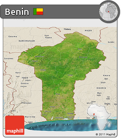 Satellite Panoramic Map of Benin, shaded relief outside, satellite sea