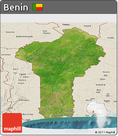 Satellite Panoramic Map of Benin, shaded relief outside, satellite sea