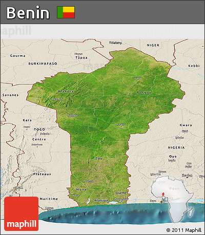 Satellite Panoramic Map of Benin, shaded relief outside, satellite sea