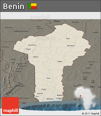 Shaded Relief Panoramic Map of Benin, darken