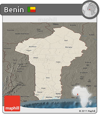 Shaded Relief Panoramic Map of Benin, darken