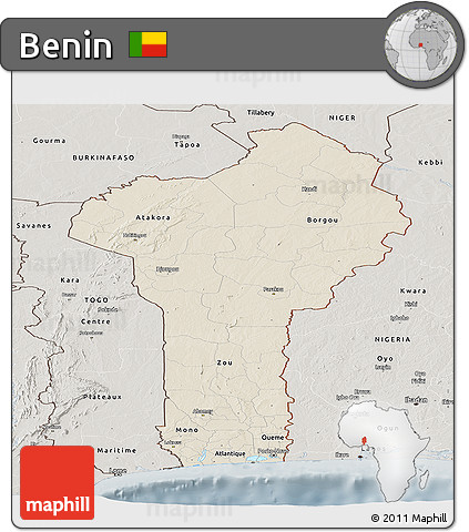 Shaded Relief Panoramic Map of Benin, semi-desaturated