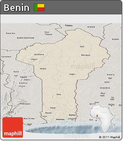 Shaded Relief Panoramic Map of Benin, semi-desaturated