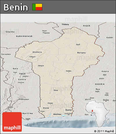 Shaded Relief Panoramic Map of Benin, semi-desaturated