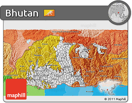 Flag 3D Map of Bhutan, political outside, flag aligned to the middle