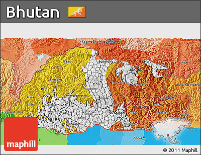 Flag 3D Map of Bhutan, political outside, flag aligned to the middle