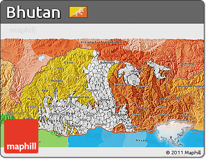 Flag 3D Map of Bhutan, political outside, flag aligned to the middle