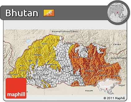 Flag 3D Map of Bhutan, shaded relief outside, flag aligned to the middle