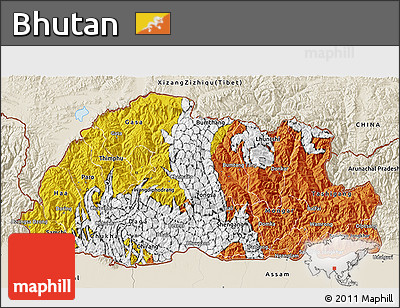Flag 3D Map of Bhutan, shaded relief outside, flag aligned to the middle