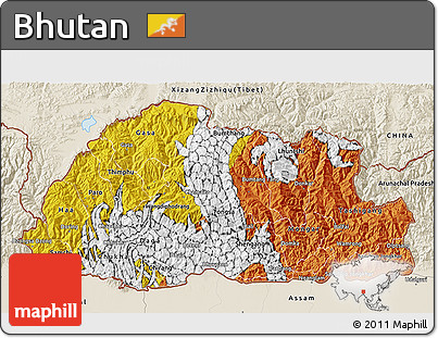 Flag 3D Map of Bhutan, shaded relief outside, flag aligned to the middle