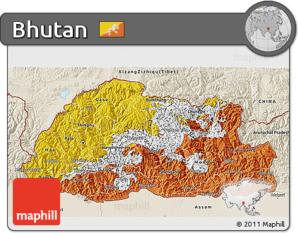 Flag 3D Map of Bhutan, shaded relief outside