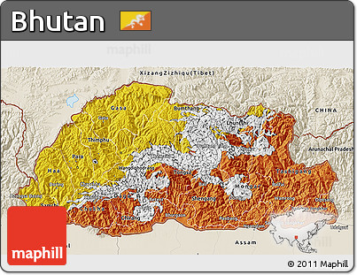 Flag 3D Map of Bhutan, shaded relief outside