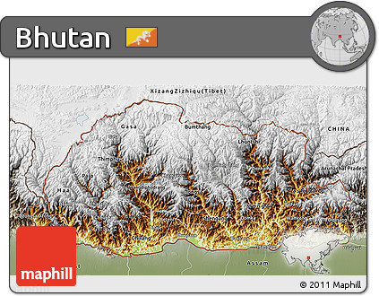 Physical 3D Map of Bhutan, semi-desaturated