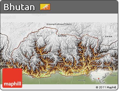 Physical 3D Map of Bhutan, semi-desaturated