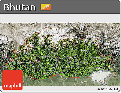 Satellite 3D Map of Bhutan, semi-desaturated