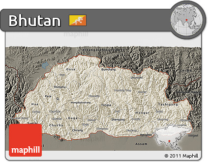 Shaded Relief 3D Map of Bhutan, darken