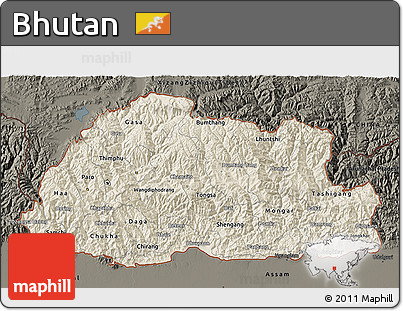 Shaded Relief 3D Map of Bhutan, darken