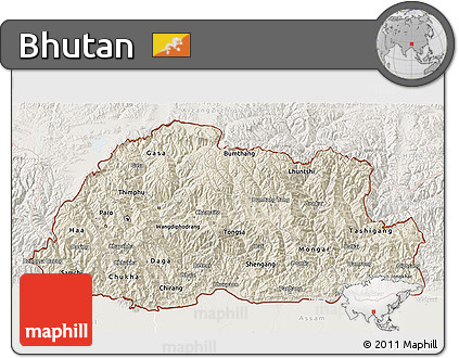 Shaded Relief 3D Map of Bhutan, lighten