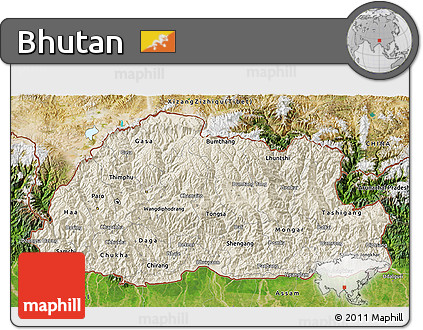 Shaded Relief 3D Map of Bhutan, satellite outside