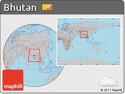 Gray Location Map of Bhutan, within the entire continent