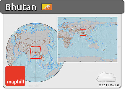 Gray Location Map of Bhutan, within the entire continent, hill shading