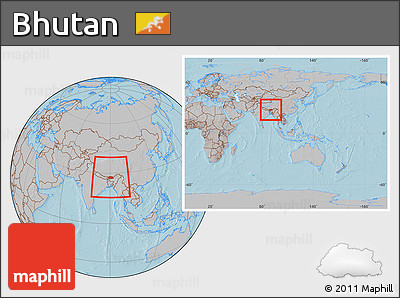 Gray Location Map of Bhutan, within the entire continent, hill shading