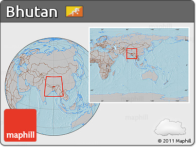 Gray Location Map of Bhutan, within the entire continent, hill shading