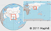Gray Location Map of Bhutan, highlighted continent, within the entire continent