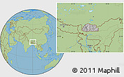Gray Location Map of Bhutan, savanna style outside, hill shading inside