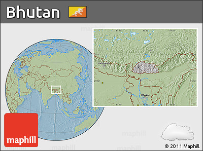 Gray Location Map of Bhutan, savanna style outside, hill shading