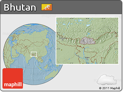 Gray Location Map of Bhutan, savanna style outside, hill shading