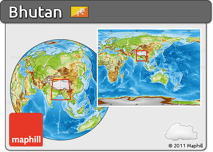 Physical Location Map of Bhutan, within the entire continent