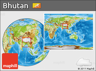 Physical Location Map of Bhutan, within the entire continent