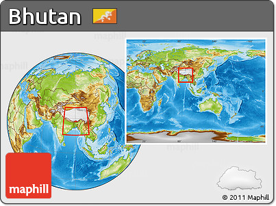 Physical Location Map of Bhutan, within the entire continent